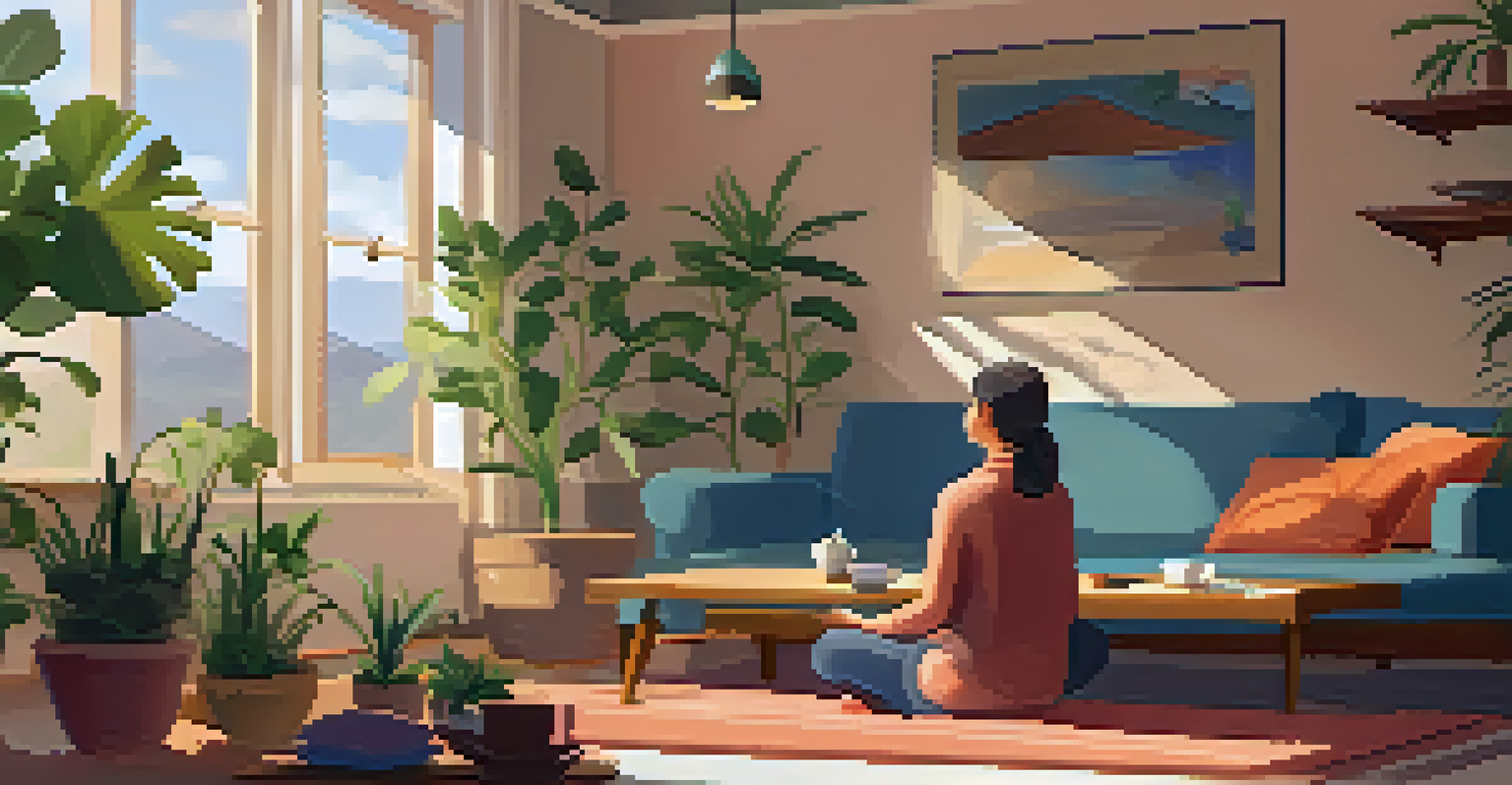 A woman meditating in a cozy living room filled with plants and soft lighting, promoting self-care during menopause.
