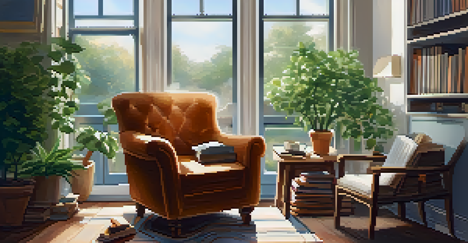 A cozy reading nook with a chair, books, and tea, illuminated by sunlight.