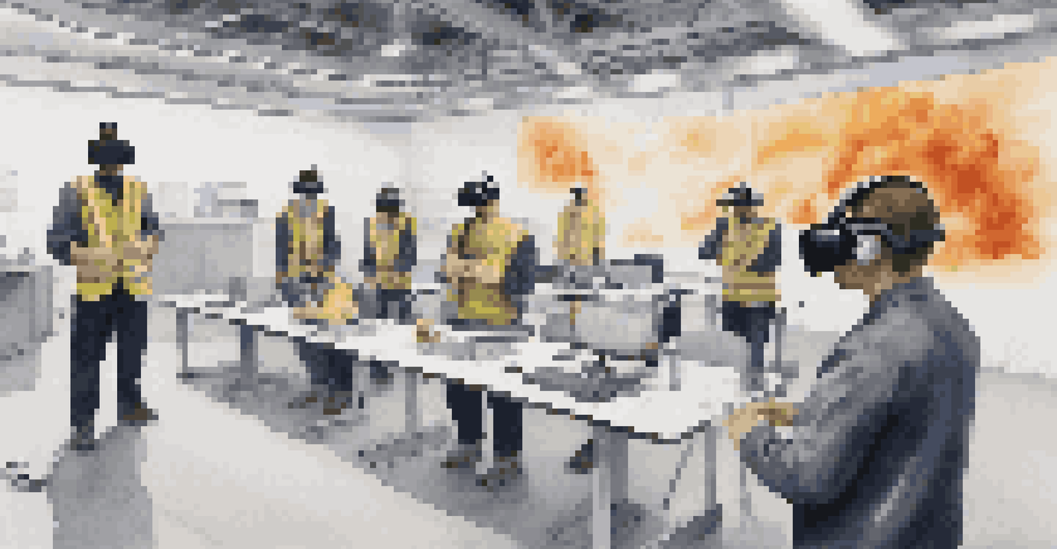 Participants using virtual reality headsets for safety training, surrounded by a realistic workplace environment with visual cues of hazards.