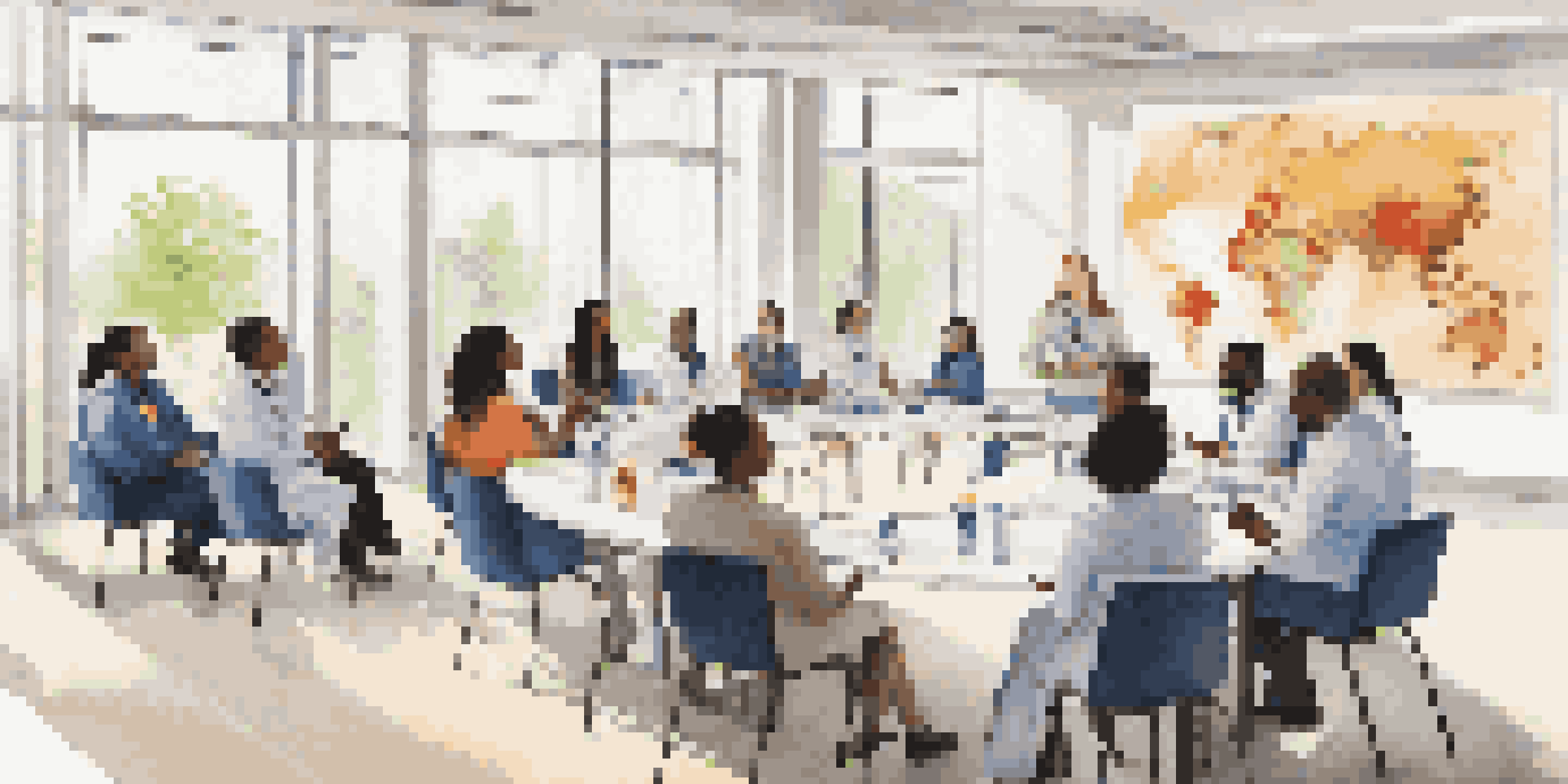 A diverse group of healthcare professionals in a bright training room, discussing cultural competence.