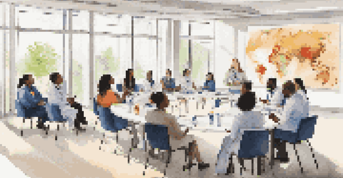 A diverse group of healthcare professionals in a bright training room, discussing cultural competence.