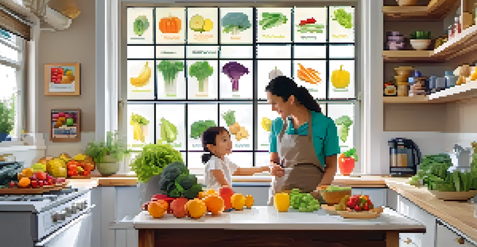 A caregiver and child in a kitchen discussing food allergens with a colorful chart on the wall.