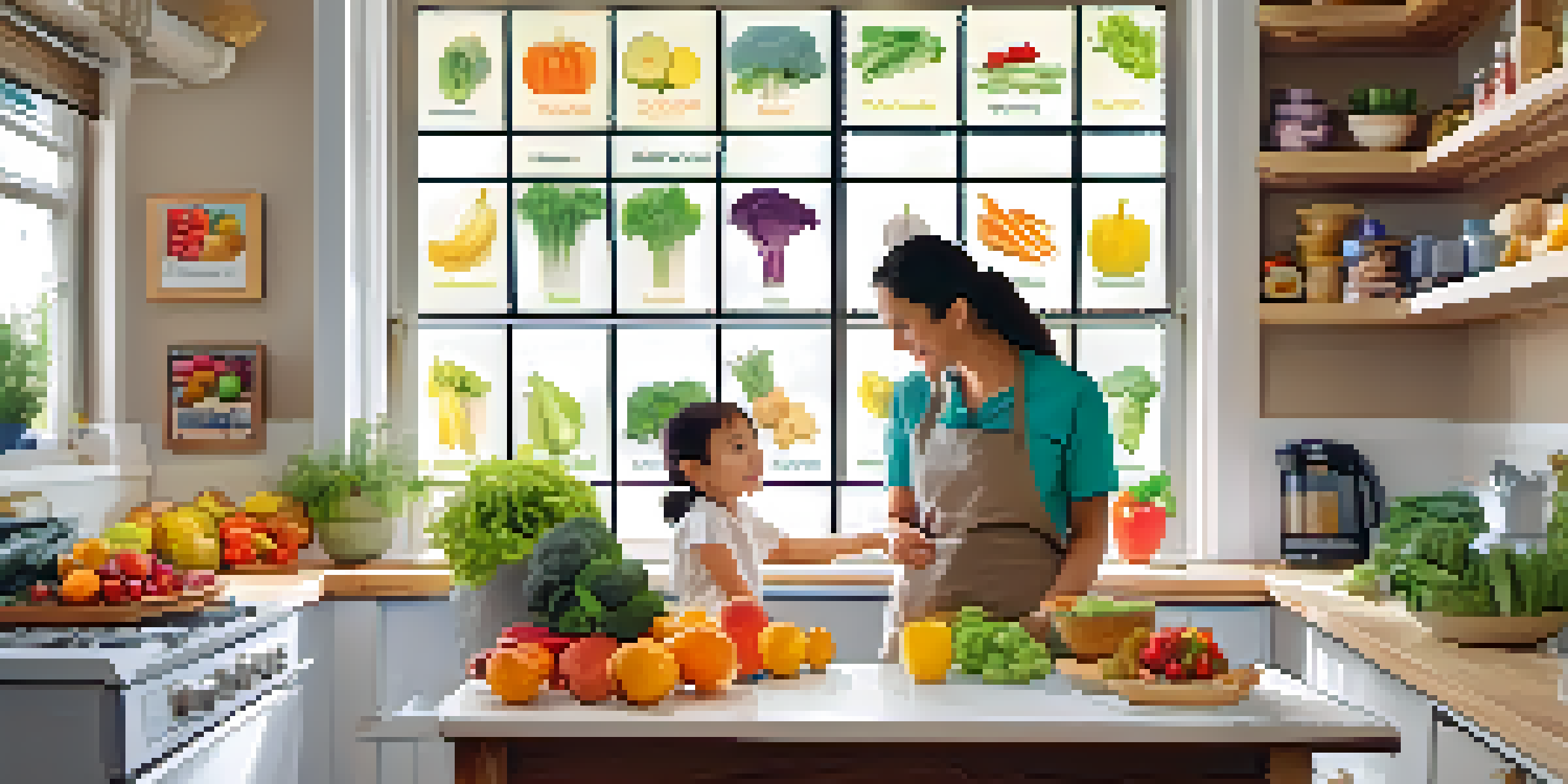 A caregiver and child in a kitchen discussing food allergens with a colorful chart on the wall.