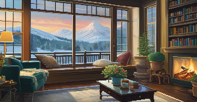 A warm and inviting living room with a fireplace, a sofa, and snow falling outside the window.