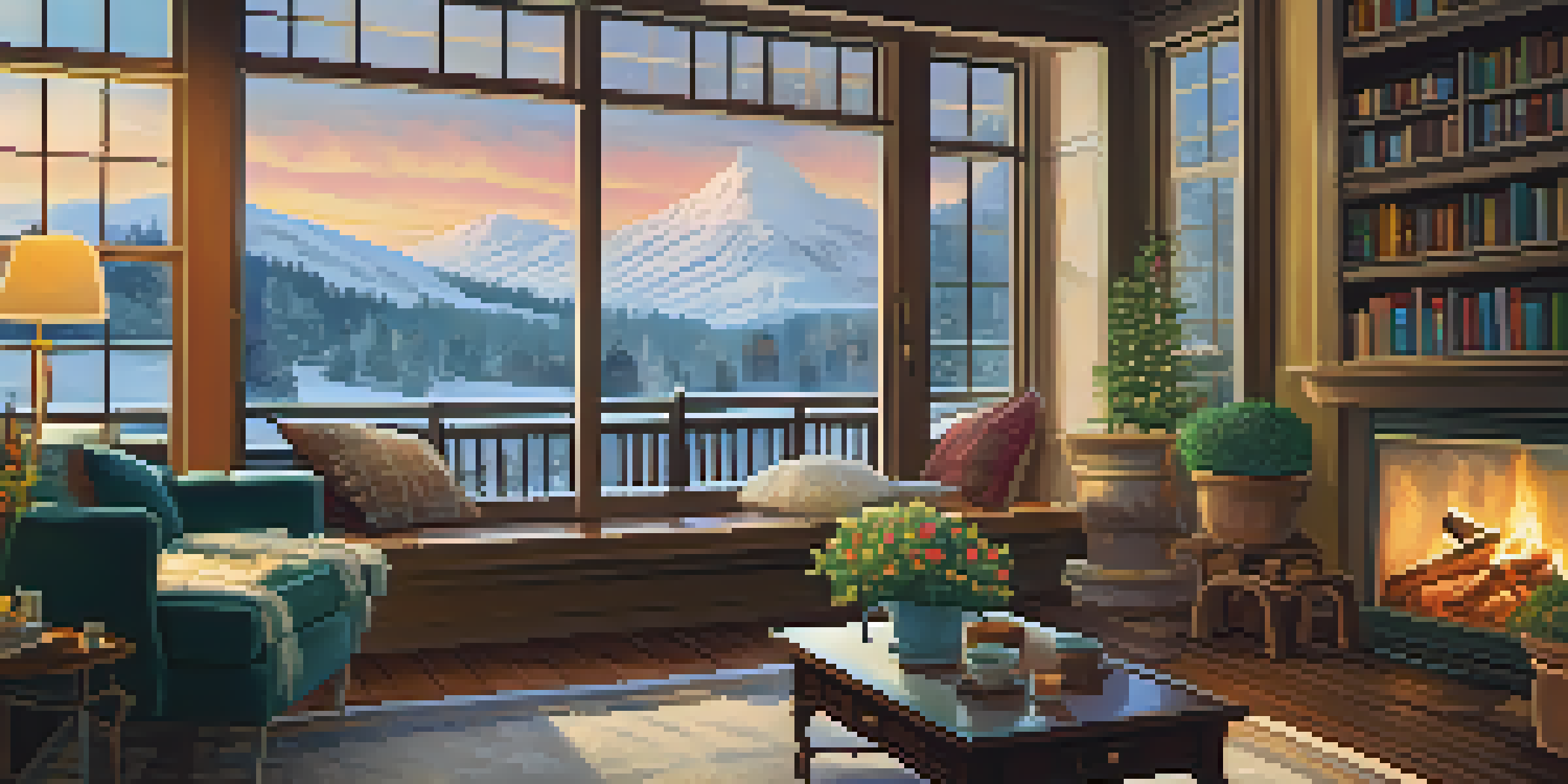 A warm and inviting living room with a fireplace, a sofa, and snow falling outside the window.