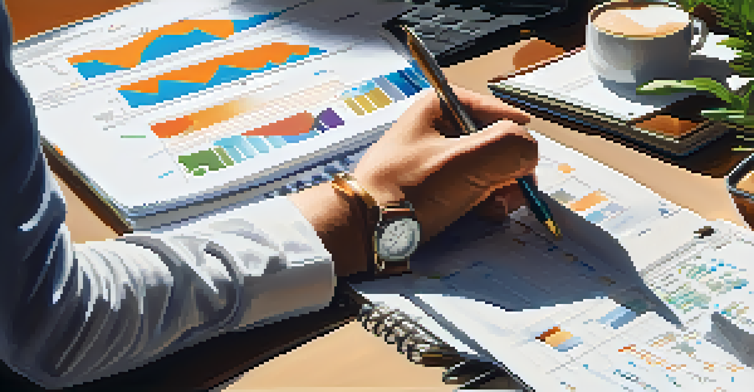 A financial planner's hands writing notes with charts and graphs on a desk filled with documents and a laptop.