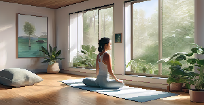 A tranquil room for body scan meditation with natural light, plants, and a person lying down in relaxation.