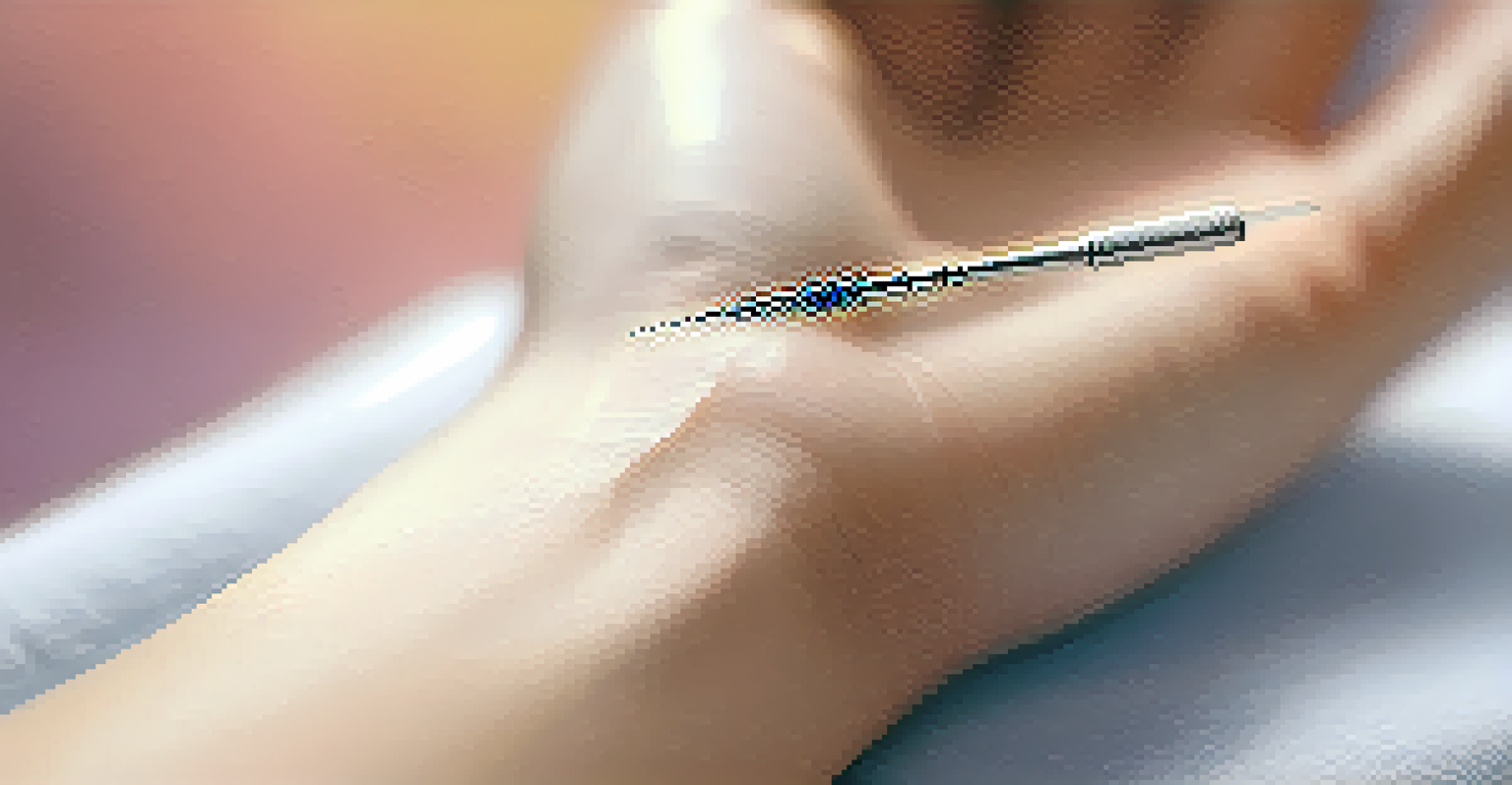 Close-up of an acupuncture needle inserted into a wrist, highlighting the details of the needle and skin.