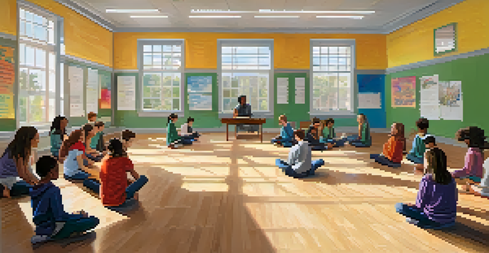 A classroom filled with students practicing deep breathing exercises in a calm environment, with bright natural light and mindfulness posters on the walls.