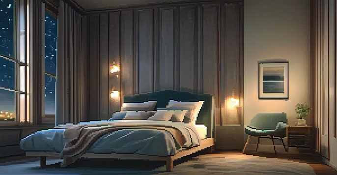 A tranquil bedroom with a cozy bed, soft lighting, and a starry night sky visible through the window.