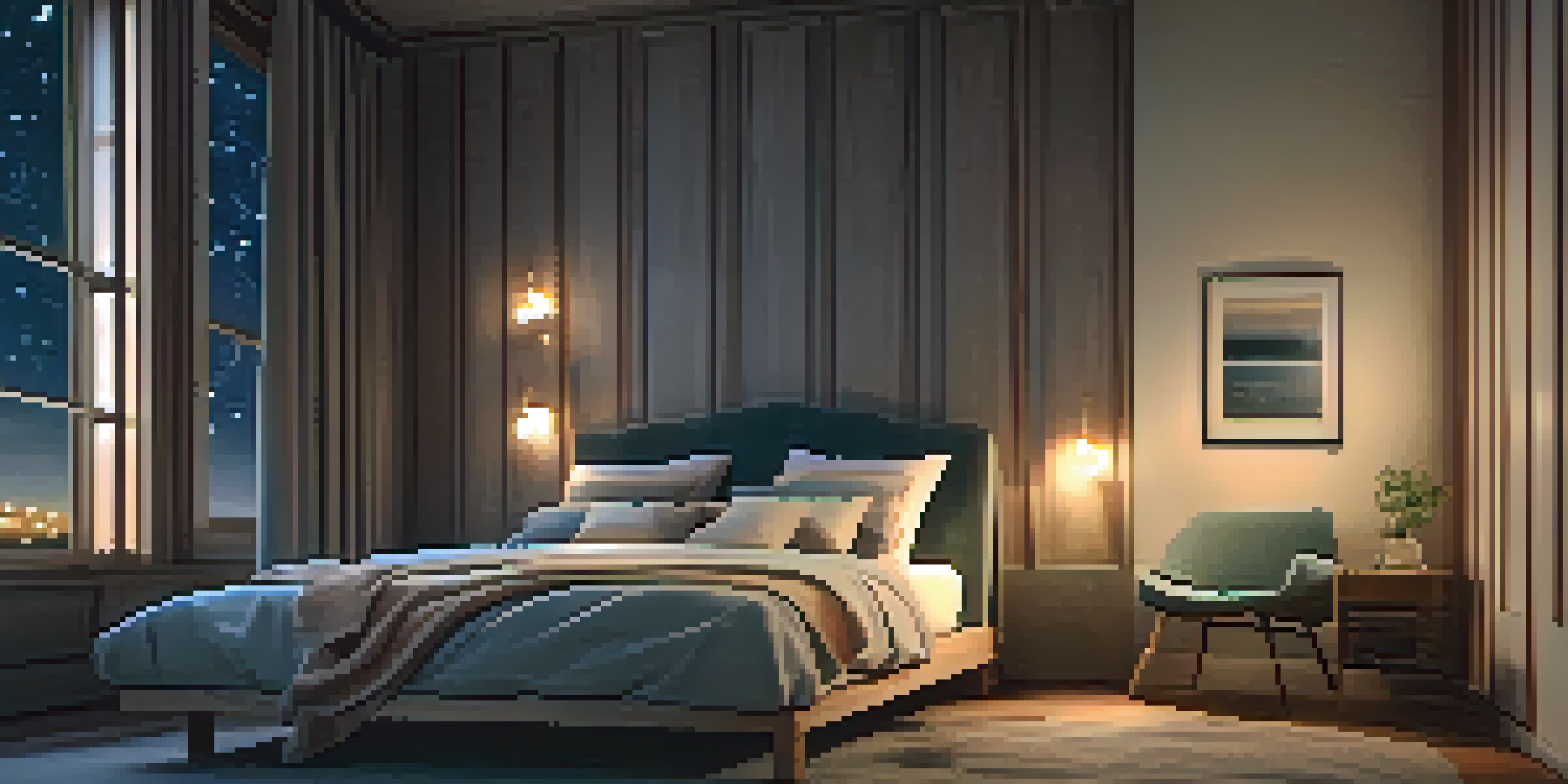 A tranquil bedroom with a cozy bed, soft lighting, and a starry night sky visible through the window.