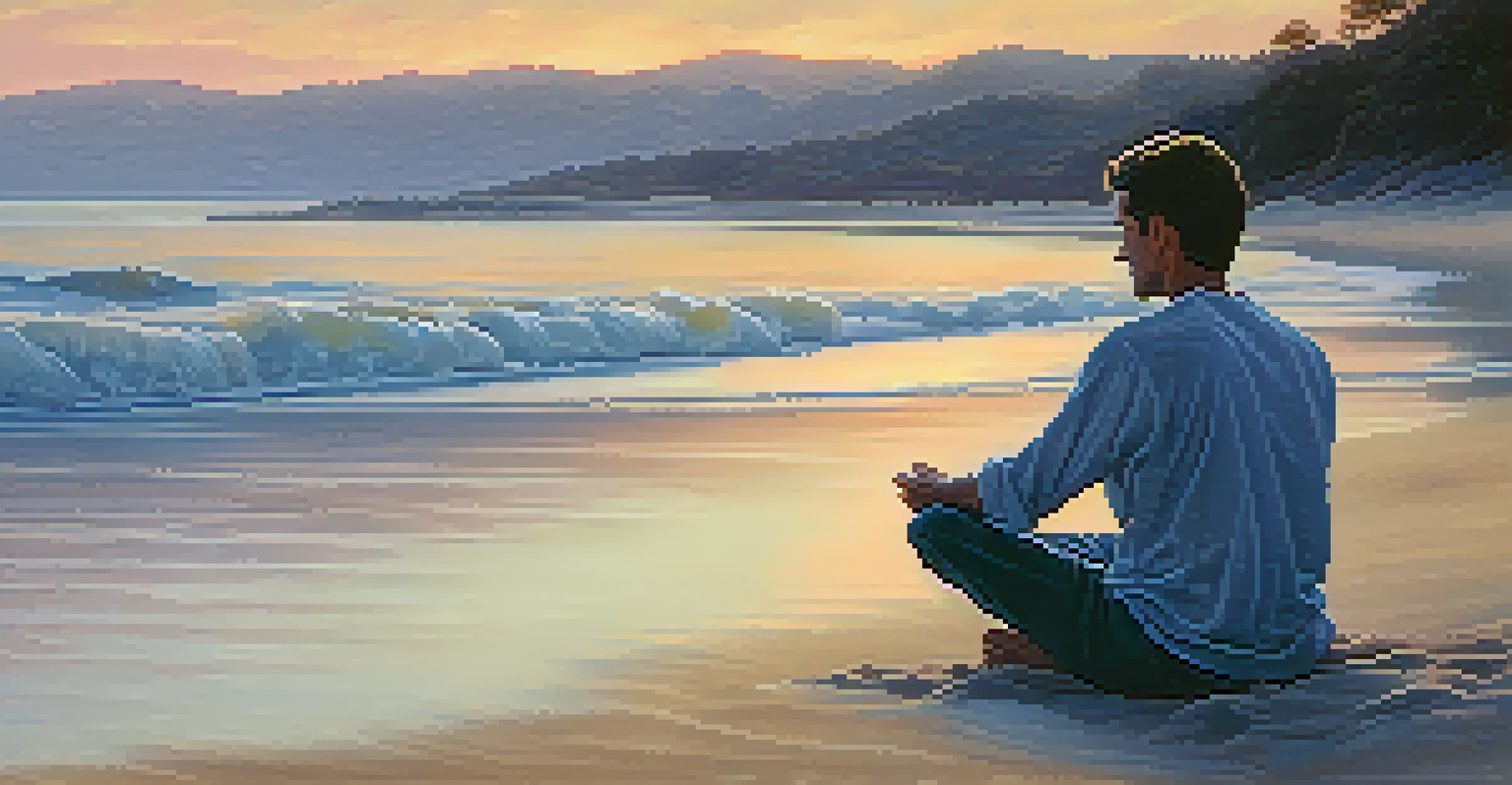 A peaceful beach at sunset with soft waves, pastel colors in the sky, and a person meditating on the sand, embodying tranquility.