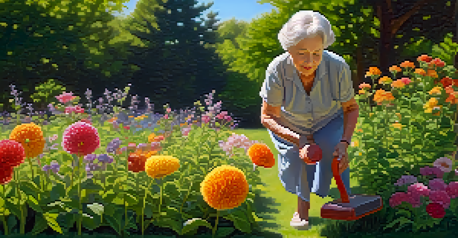 An elderly woman exercising in a colorful garden with light weights, surrounded by blooming flowers and tall trees under a clear sky.