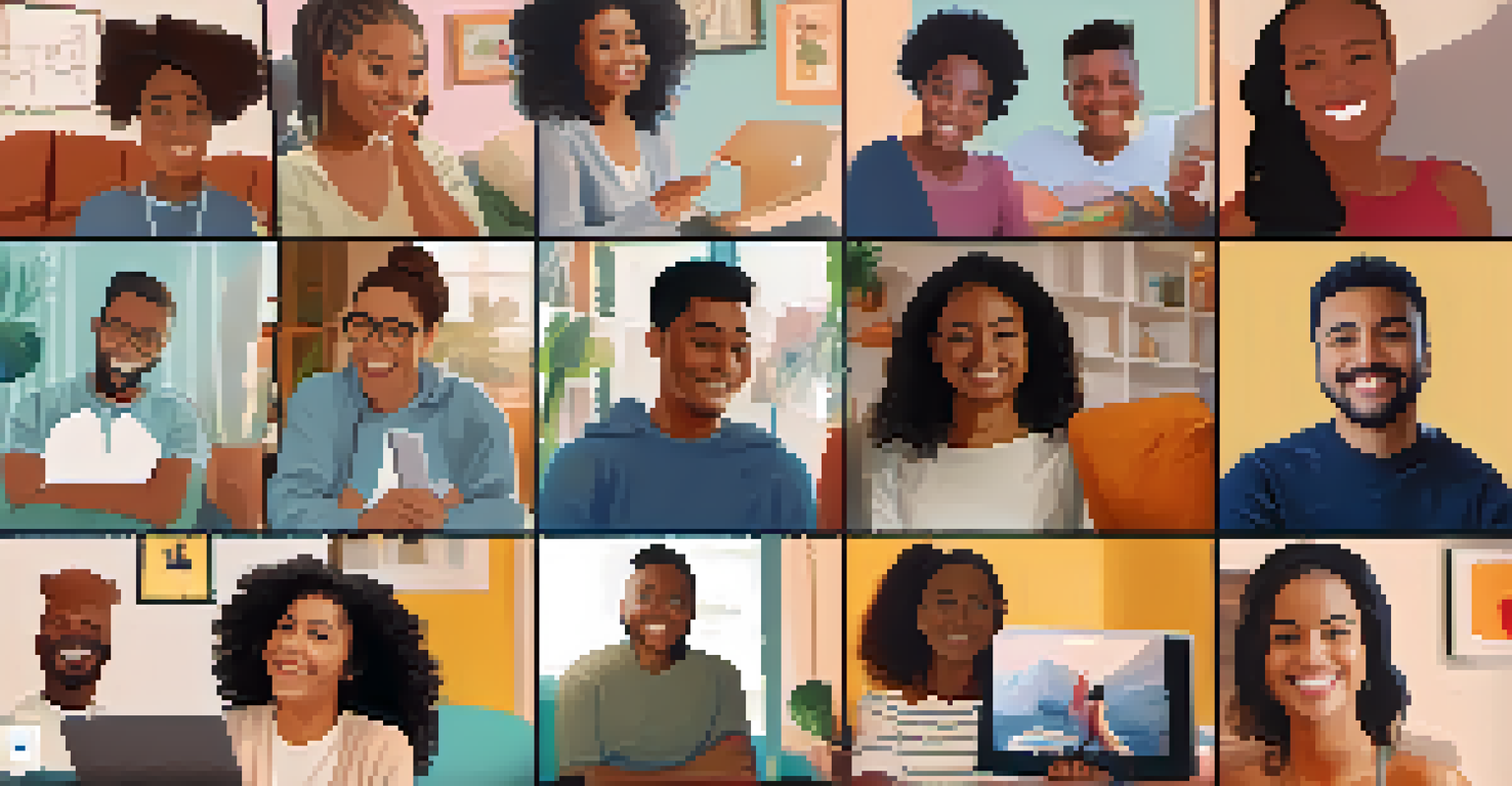 A diverse group of people smiling and engaging in an online support group video call from their homes.