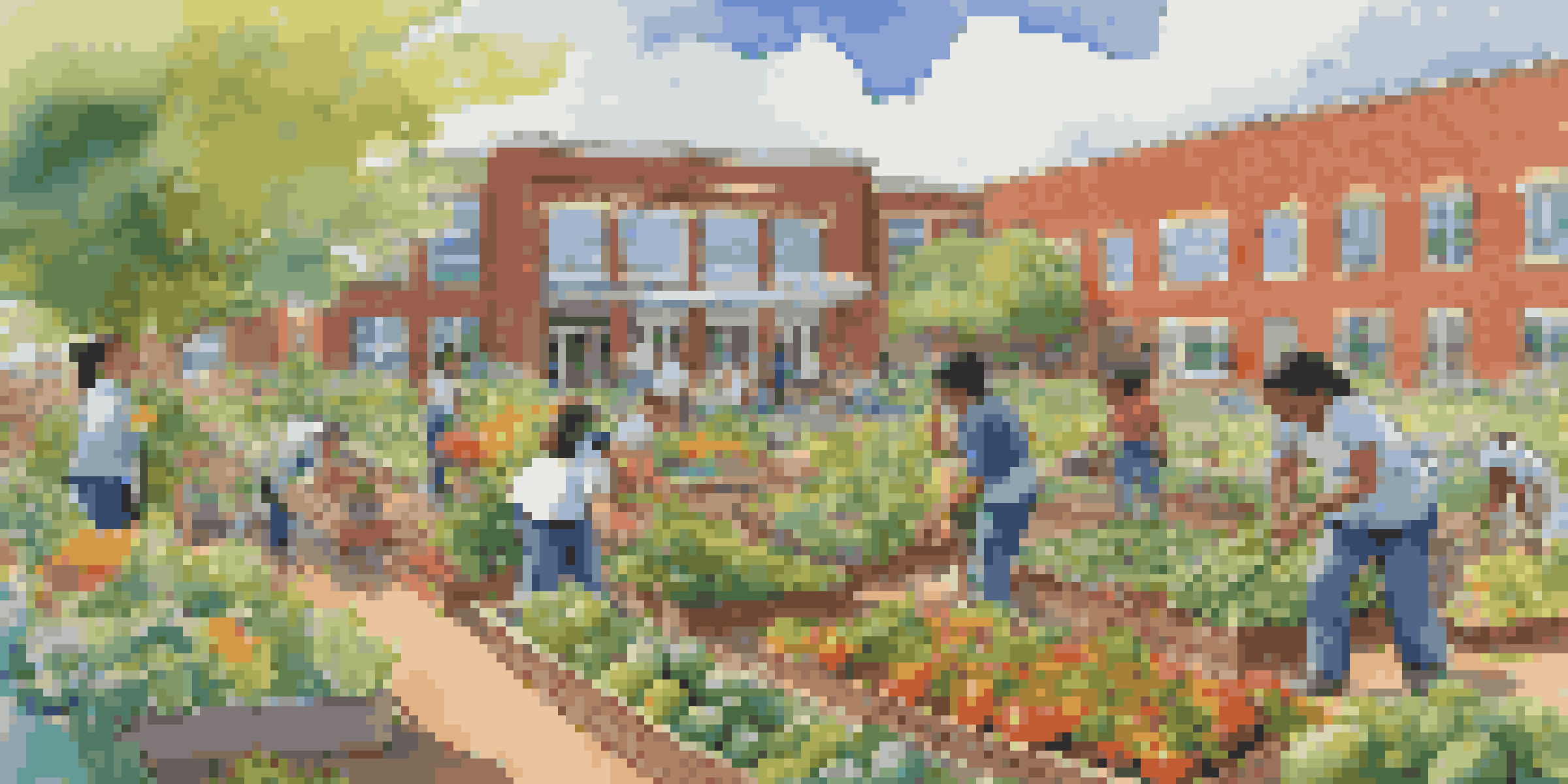 A diverse group of students working together in a colorful school garden filled with vegetables and flowers under warm sunlight.