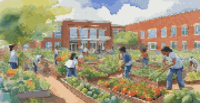 A diverse group of students working together in a colorful school garden filled with vegetables and flowers under warm sunlight.