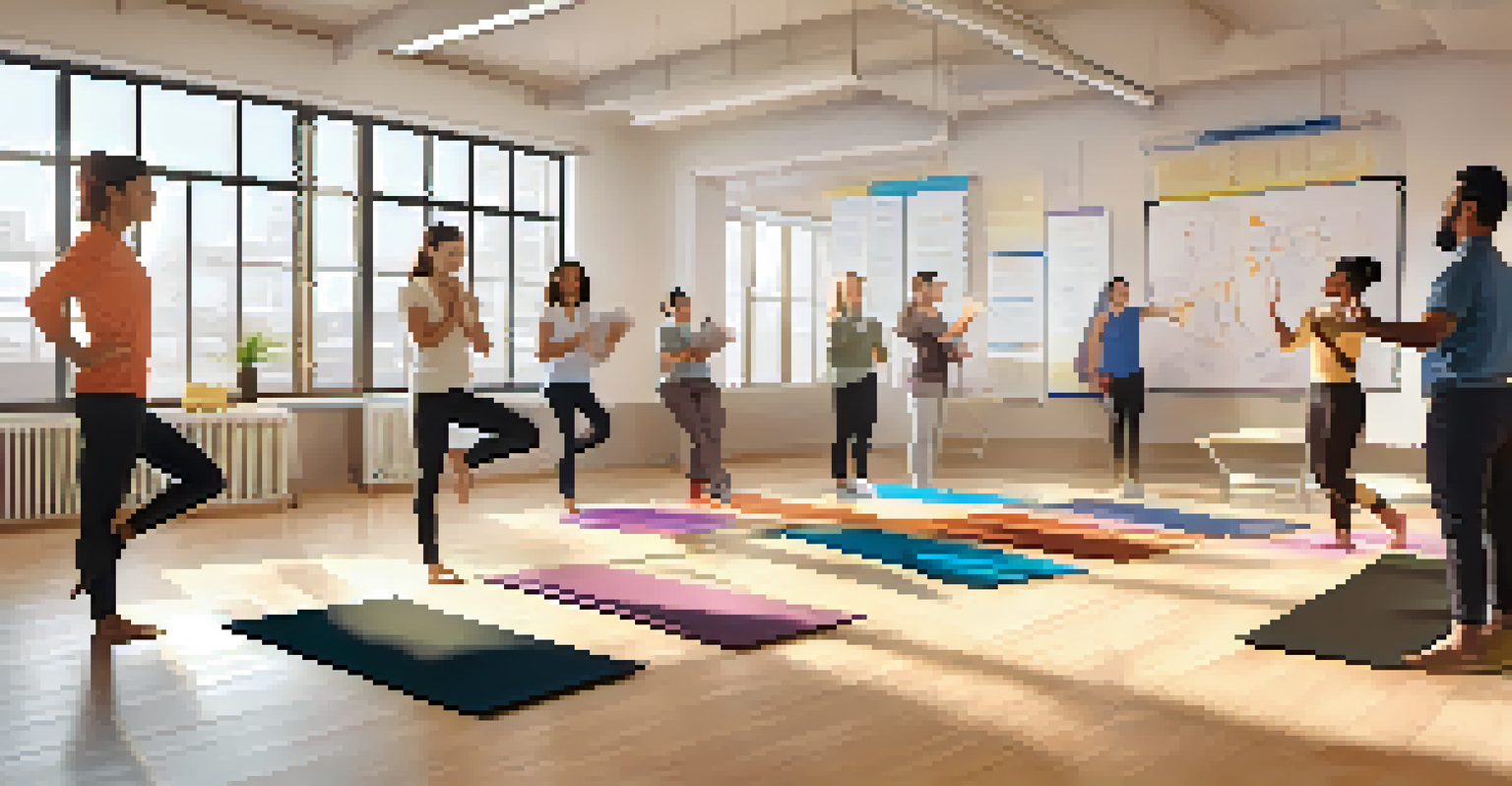 Employees participating in a wellness workshop, following a health instructor demonstrating stress-reducing exercises in a bright conference room.