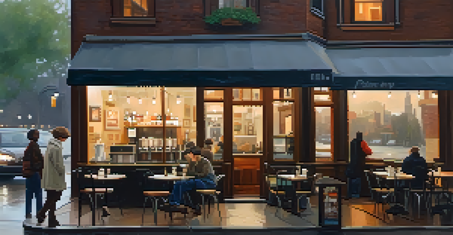 A cozy coffee shop with a barista making a latte, warm lighting, and a rainy city street visible through the window.