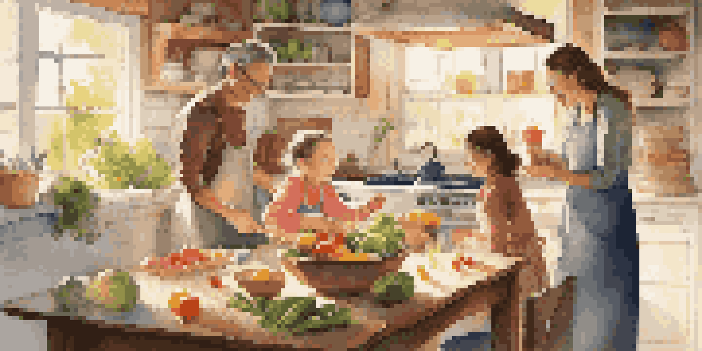 A family happily cooking together in a bright kitchen filled with fresh ingredients, showcasing unity and healthy eating.