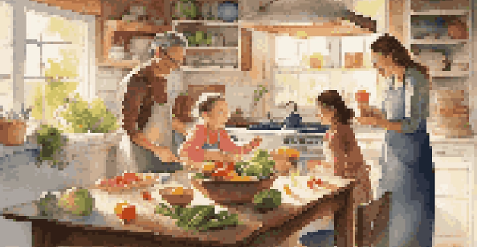 A family happily cooking together in a bright kitchen filled with fresh ingredients, showcasing unity and healthy eating.