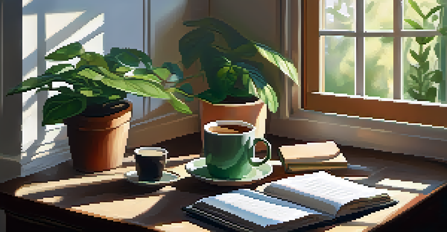 An open journal with positive affirmations written in it, next to a cup of coffee and a potted plant, in a sunlit workspace.