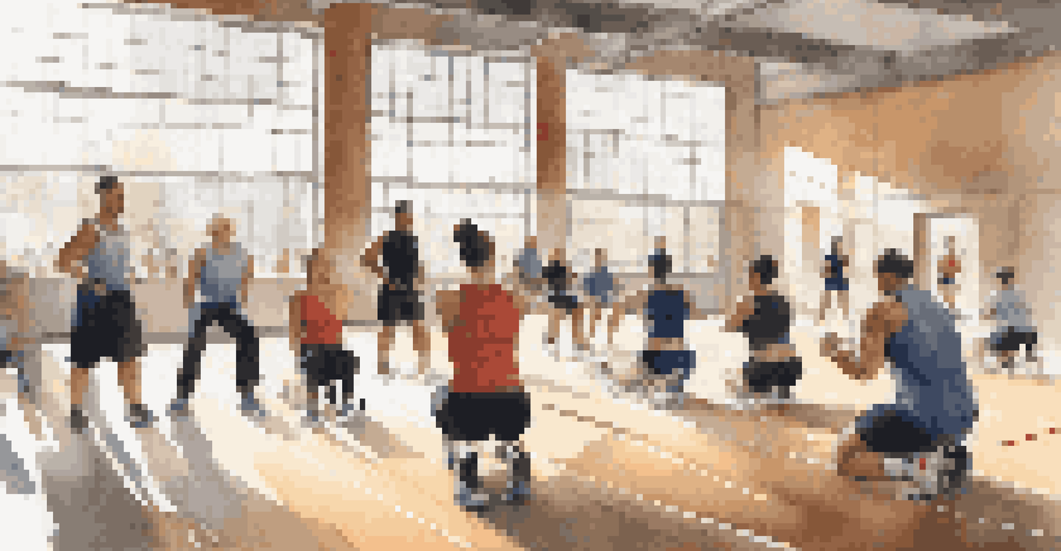 An athletic trainer leading an injury prevention workshop with athletes in a gymnasium, demonstrating warm-up techniques.