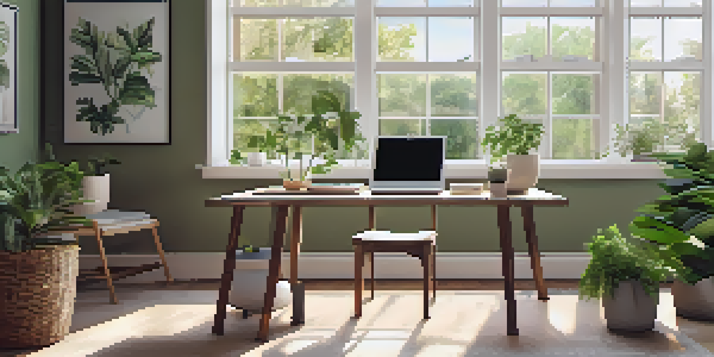 A peaceful and organized office desk with a laptop, a potted plant, and a cup of tea, illuminated by soft natural light from a nearby window.