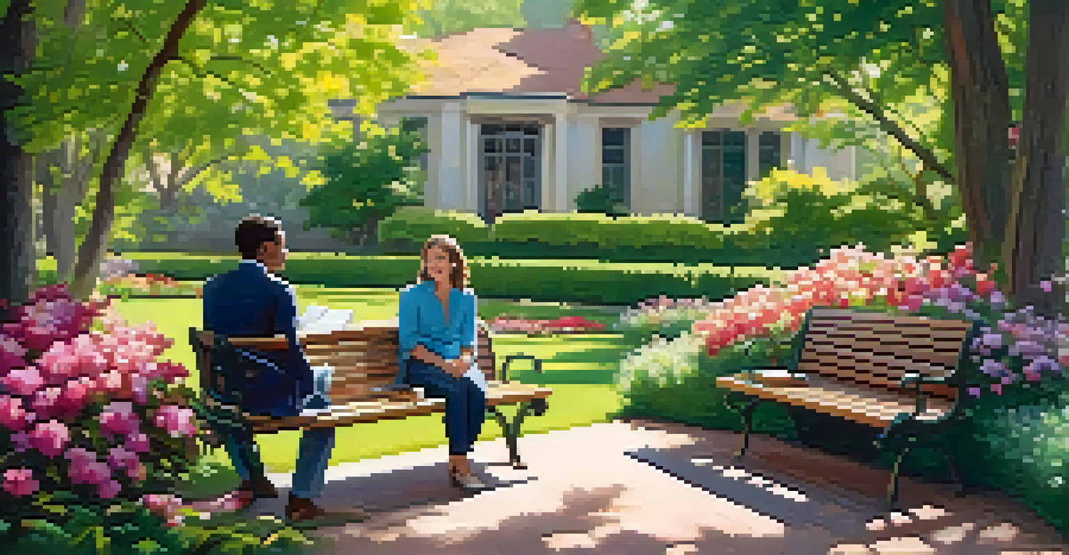 Two colleagues sitting in a garden, discussing ideas with smiles on their faces amidst blooming flowers.