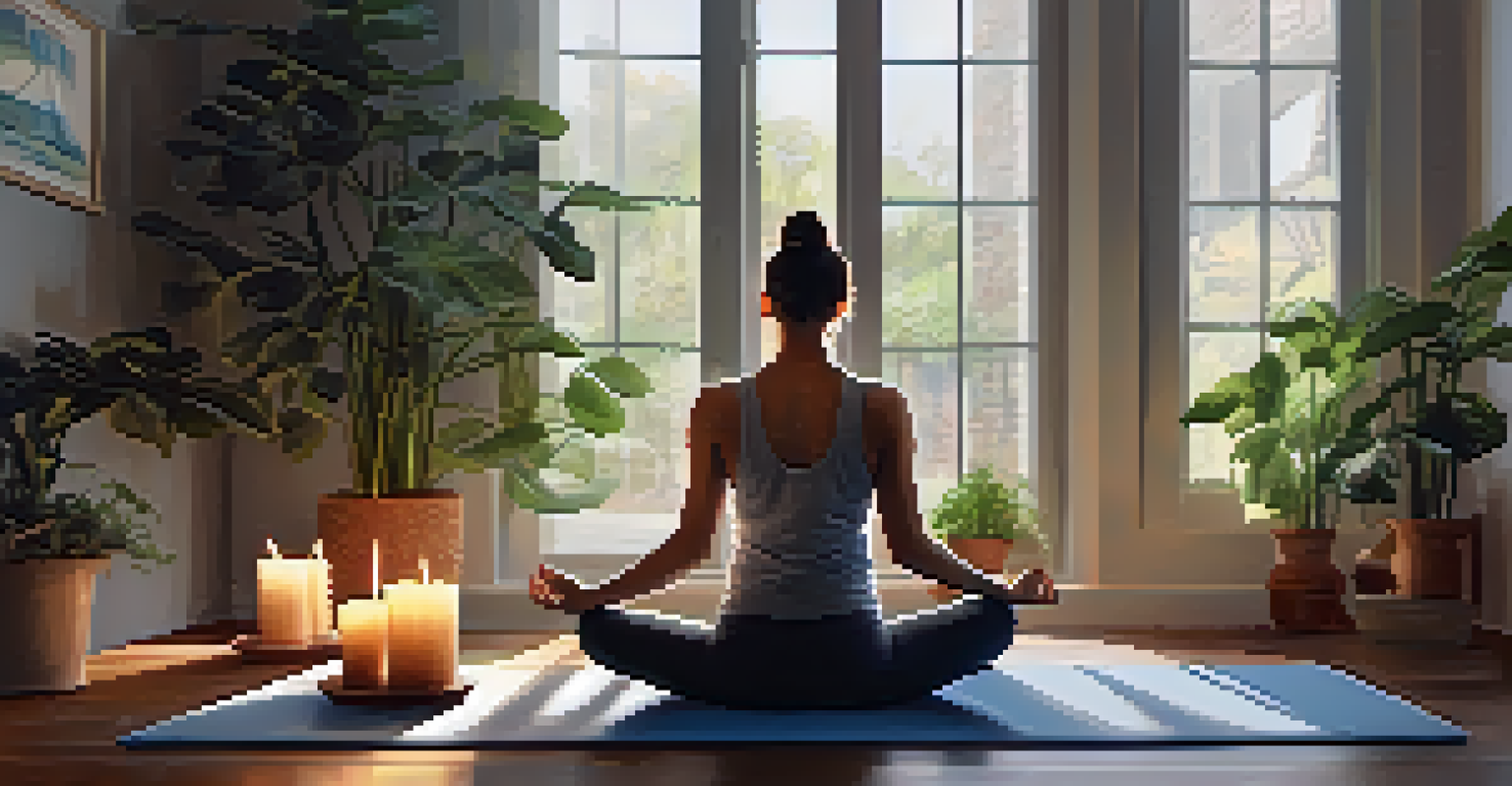 A person meditating indoors on a yoga mat surrounded by plants and candles, reflecting a peaceful moment of mindfulness.