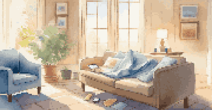 A patient resting in a cozy living room, using a smartwatch and smartphone for health monitoring, with sunlight streaming in.