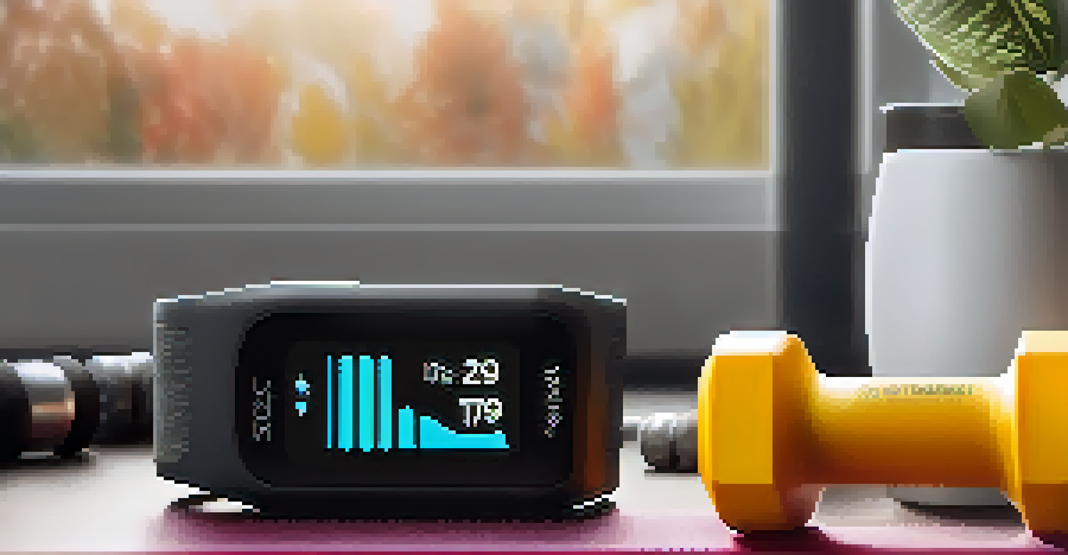 A close-up of a fitness tracker on a table with workout gear, showing daily progress metrics.
