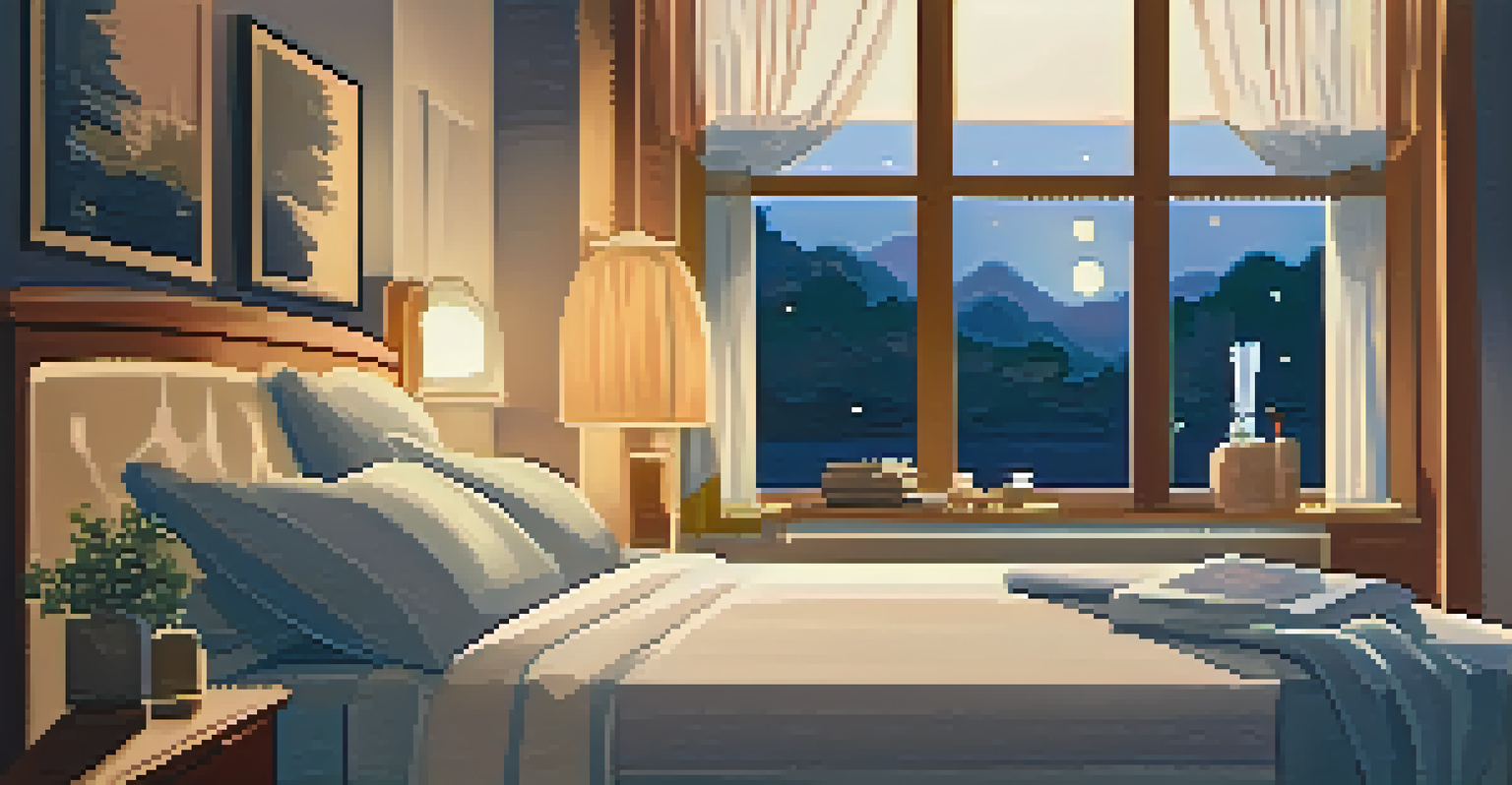 A cozy bedroom with a neatly made bed and soft lighting, creating a peaceful atmosphere for sleep.