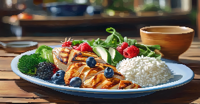 A colorful plate with grilled chicken, fresh vegetables, brown rice, and yogurt with berries on a wooden table, lit by soft natural light.
