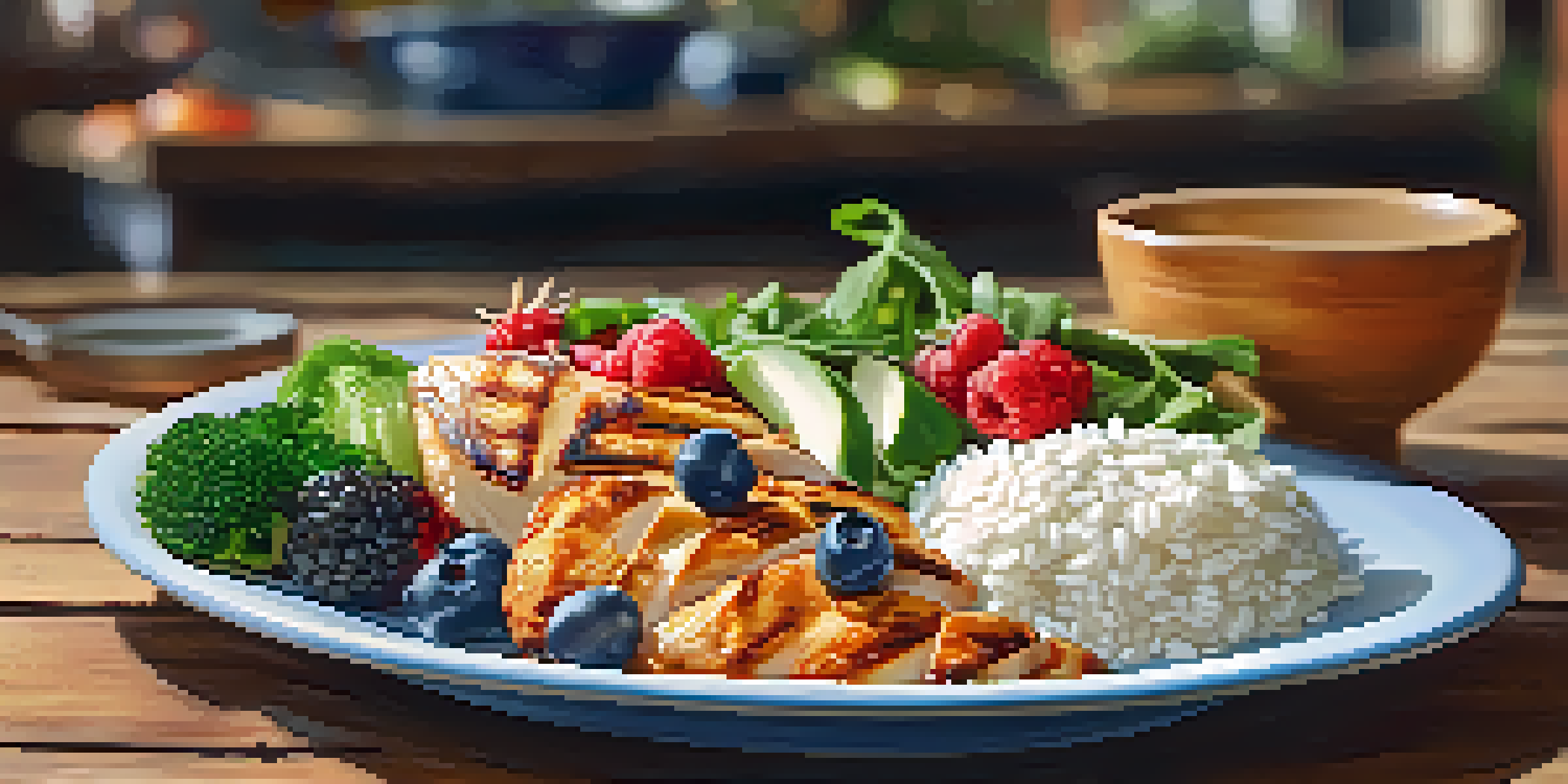 A colorful plate with grilled chicken, fresh vegetables, brown rice, and yogurt with berries on a wooden table, lit by soft natural light.
