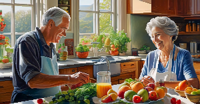 A senior couple joyfully cooking in a brightly lit kitchen, surrounded by fresh fruits and vegetables.