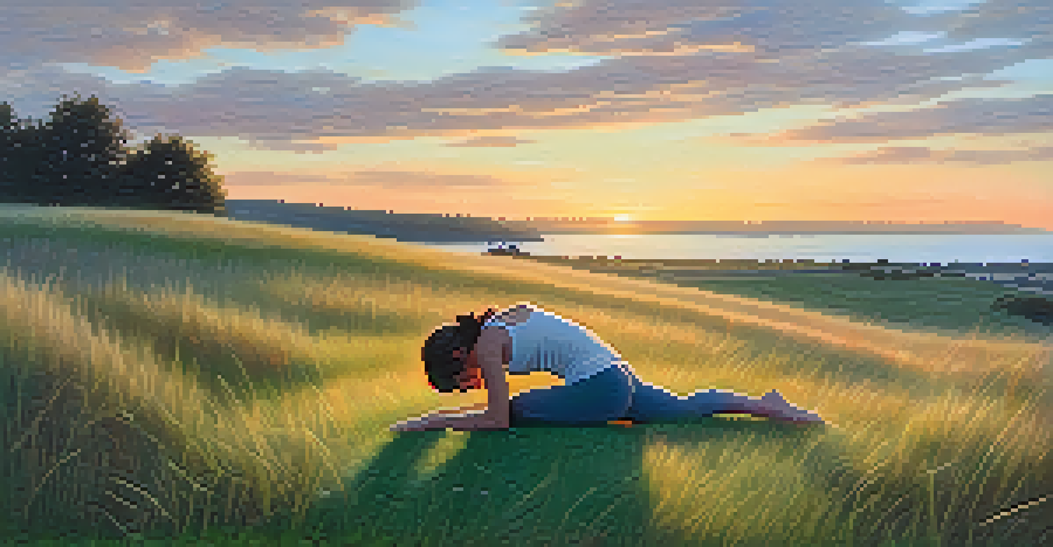 A person in Child’s Pose on a grassy hill at sunset, surrounded by a serene outdoor environment.