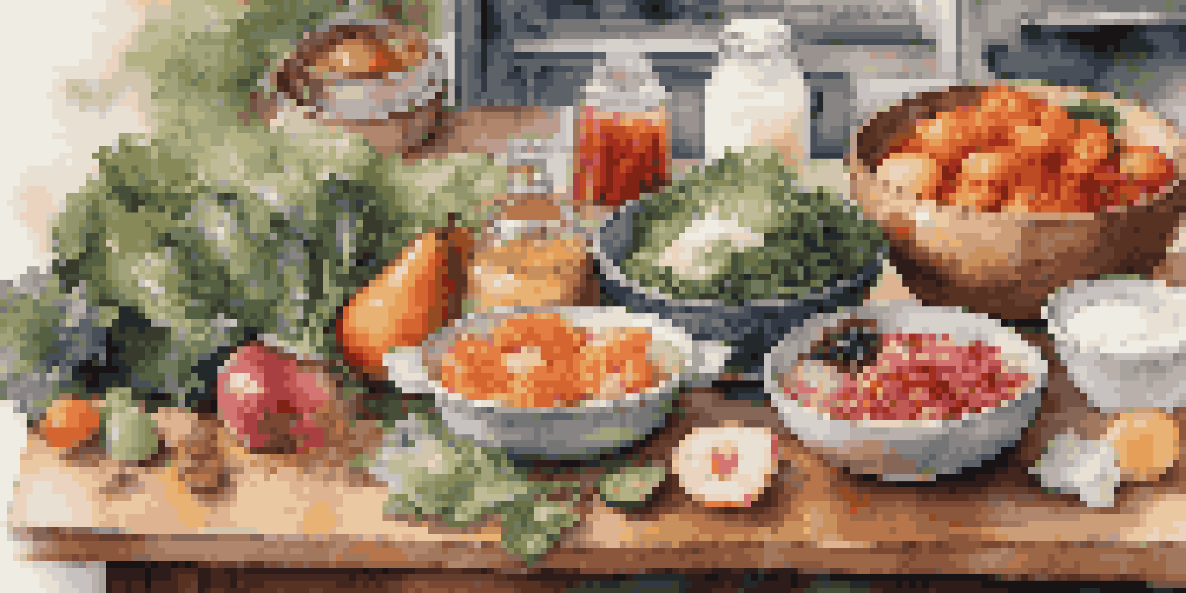 A close-up view of a variety of healthy foods including fruits, vegetables, and fermented items, arranged on a wooden table with warm lighting.