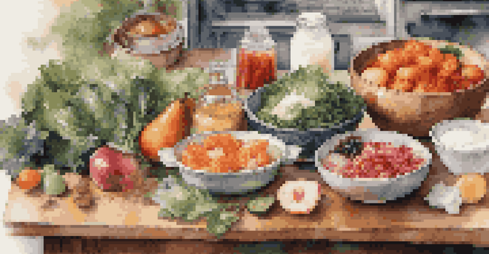 A close-up view of a variety of healthy foods including fruits, vegetables, and fermented items, arranged on a wooden table with warm lighting.