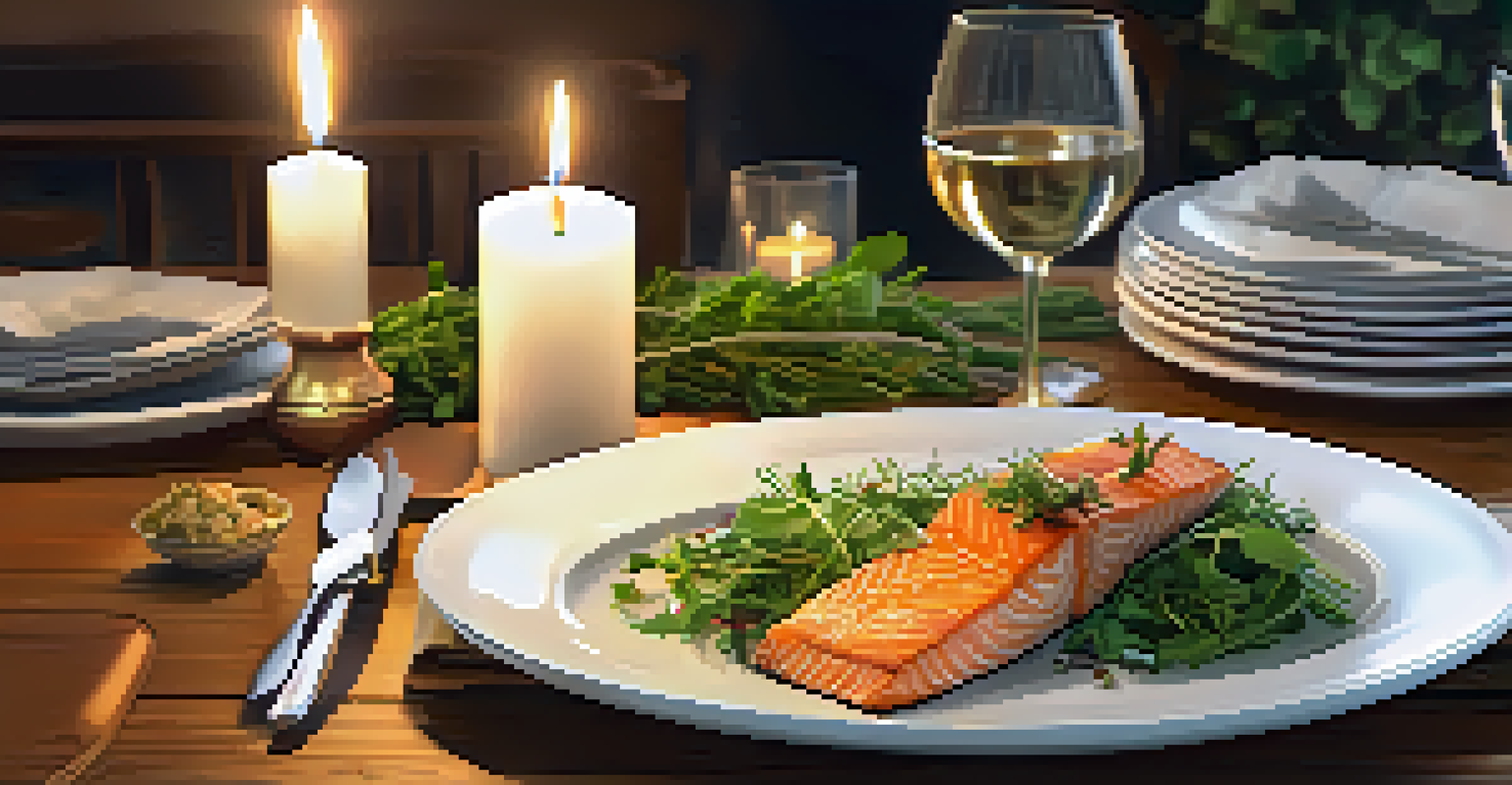 A cozy dining table with a plated baked salmon, roasted sweet potatoes, and a fresh salad, illuminated by candlelight.