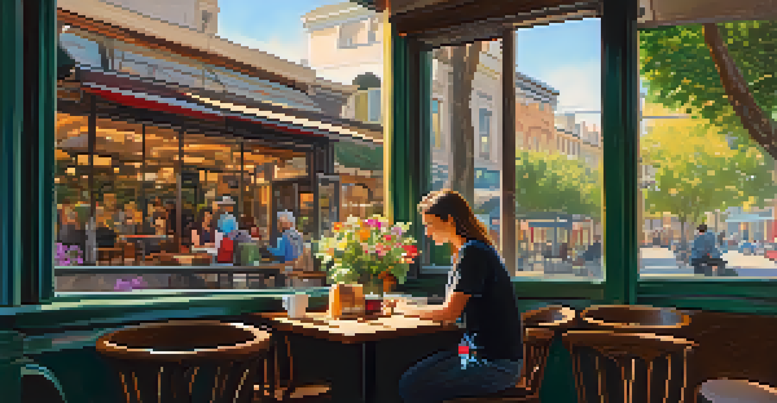 A cozy coffee shop corner with a traveler journaling at a wooden table, surrounded by plants and warm sunlight.