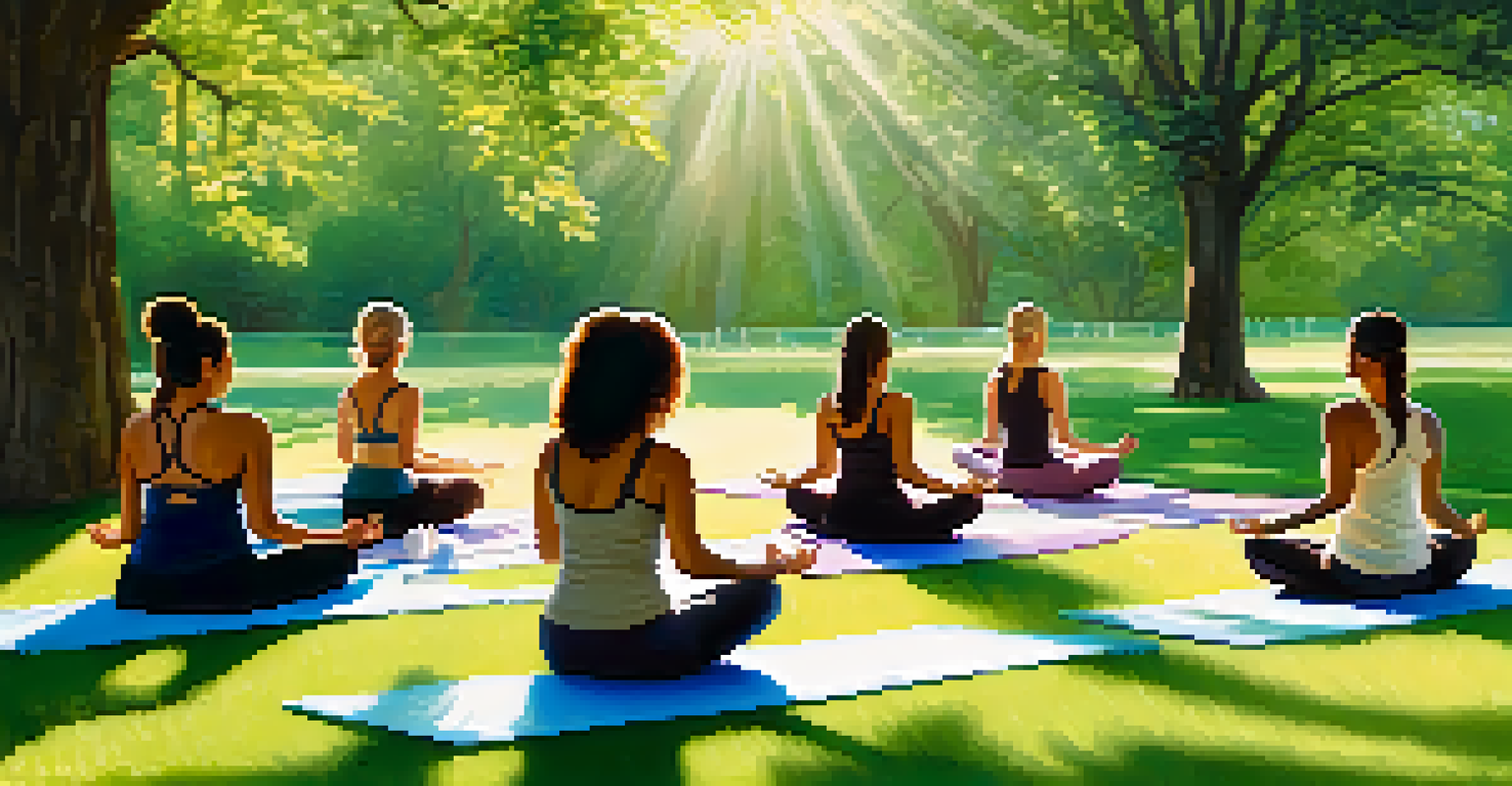 A diverse group of women practicing yoga in a peaceful park, surrounded by trees and sunlight.