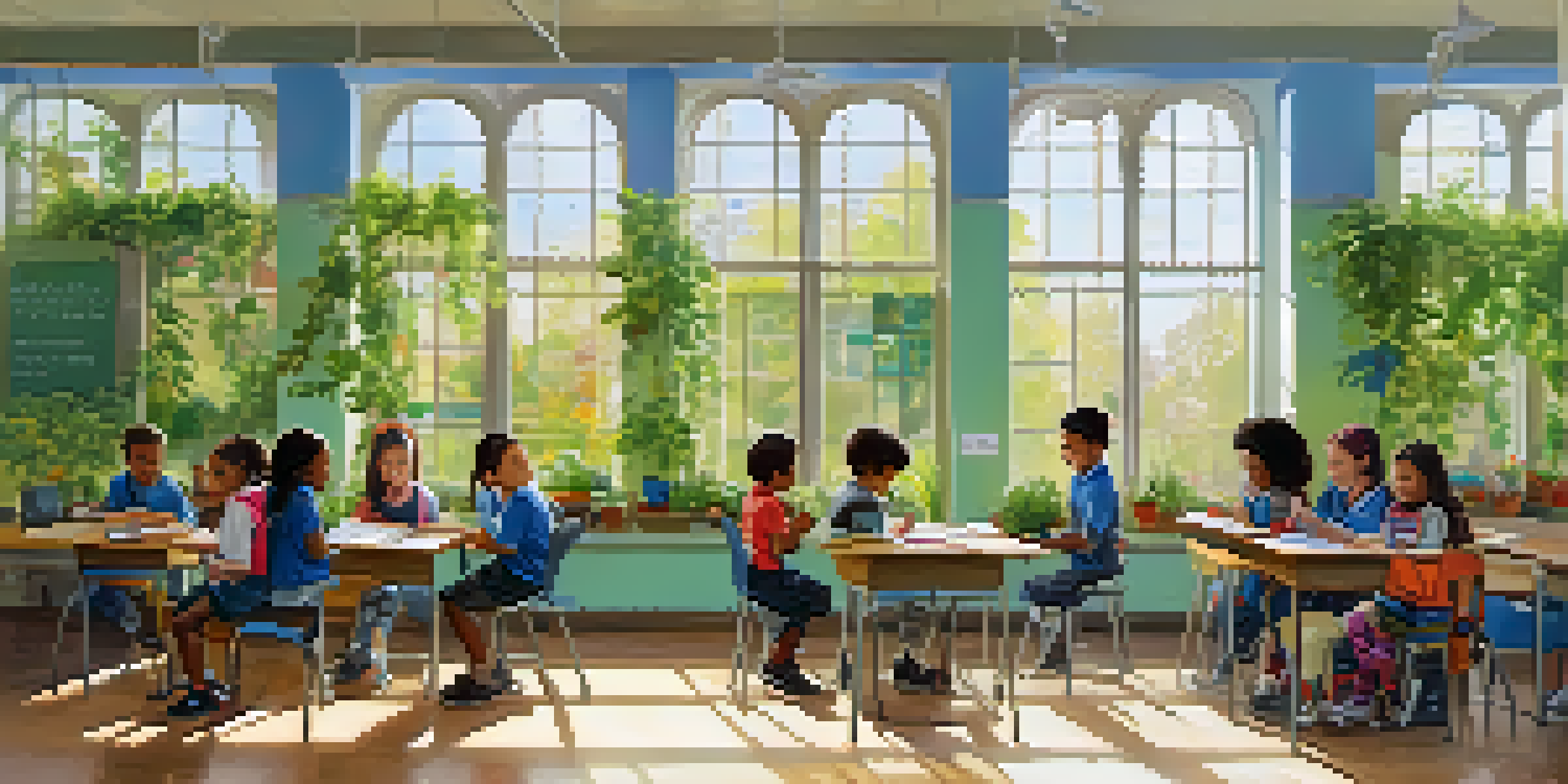 A diverse group of children working together on an art project in a bright and inviting classroom filled with colorful artwork and natural light.