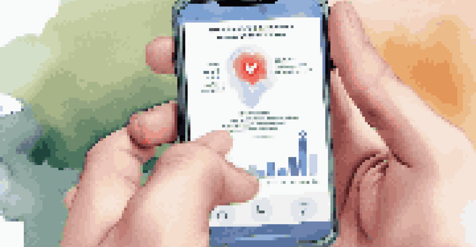 A close-up of a smartphone showing a mental health app with calming visuals, held in a person's hand against a softly blurred background.