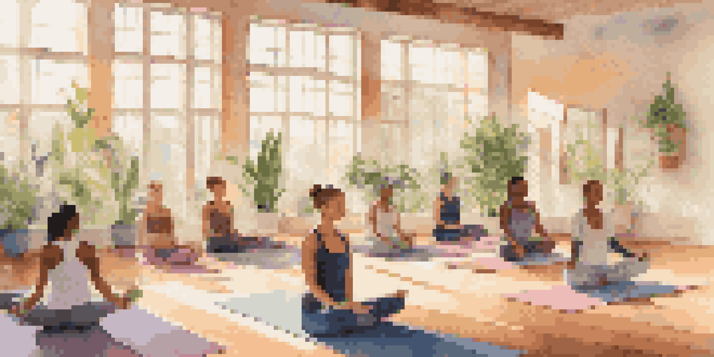 A peaceful yoga studio with athletes practicing yoga poses, surrounded by plants and natural light.