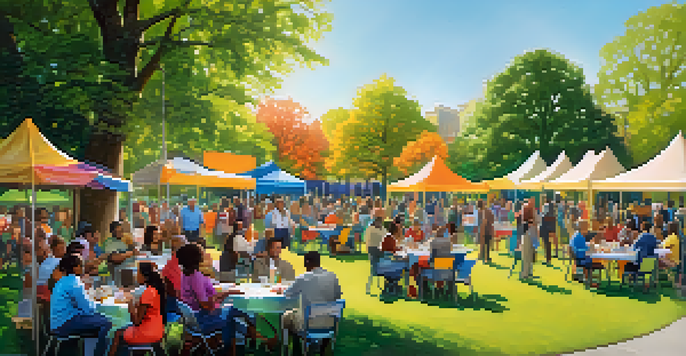 A diverse group of people engaging in a financial literacy workshop outdoors in a park with colorful banners and tables.