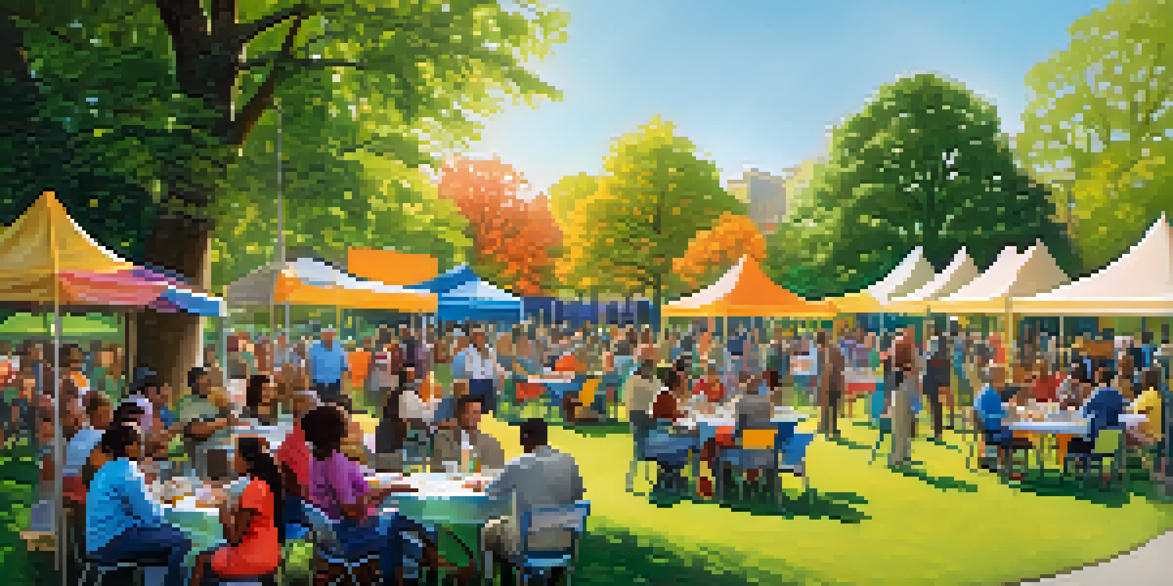 A diverse group of people engaging in a financial literacy workshop outdoors in a park with colorful banners and tables.