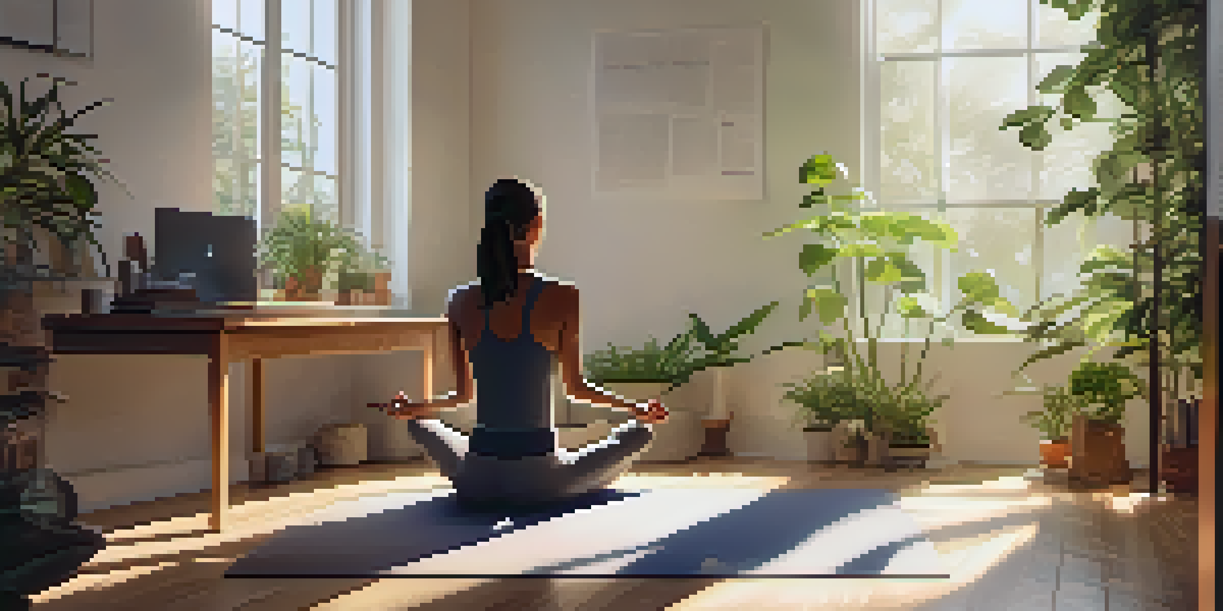 A person meditating in a sunlit room, surrounded by plants, with a sticky note bearing a positive affirmation on a desk.