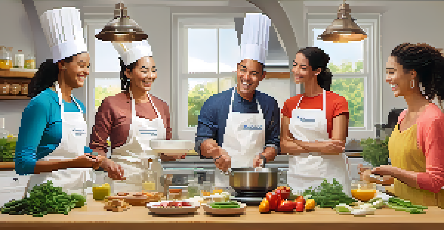 A group of friends happily learning to cook healthy meals in a bright kitchen during a cooking class.