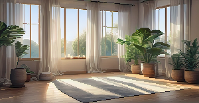 A peaceful meditation area with a cushion, plants, and candles, illuminated by soft natural light.