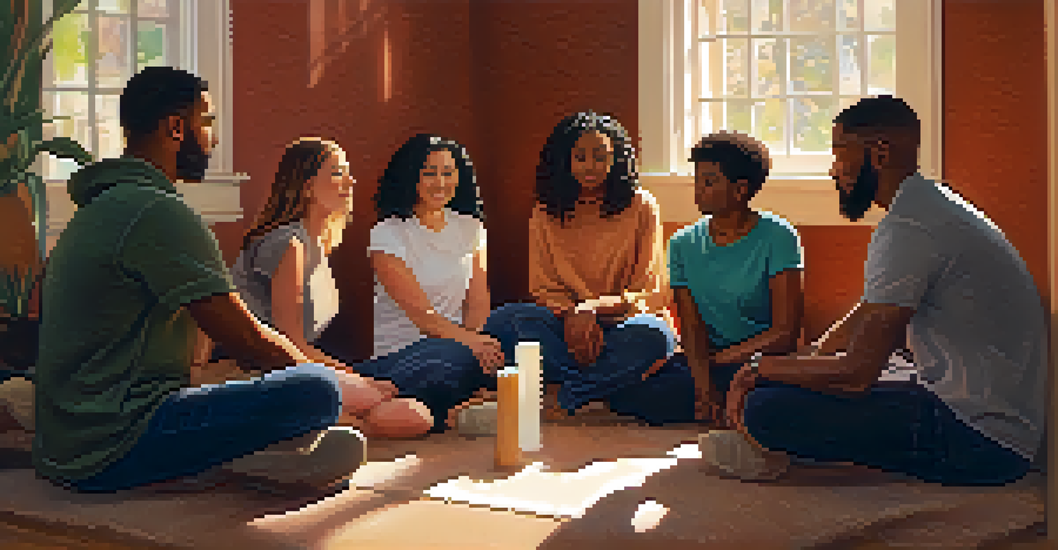 A diverse group of individuals in a circle during a supportive therapy session, sharing experiences and listening to each other.